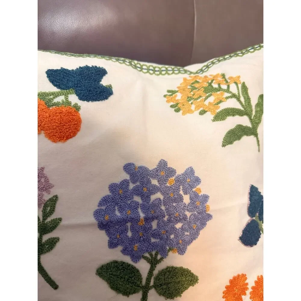 Two colorful flowers embroidered cushion pillows, inserts w/ insert protectors
